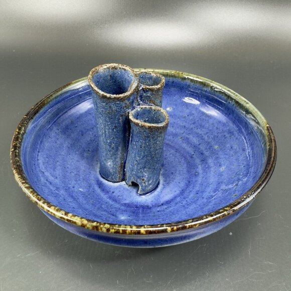 Hand Made Pottery Flower Frog Dish Container Vase Artist Signed Blue Glazed VTG - Picture 11 of 12